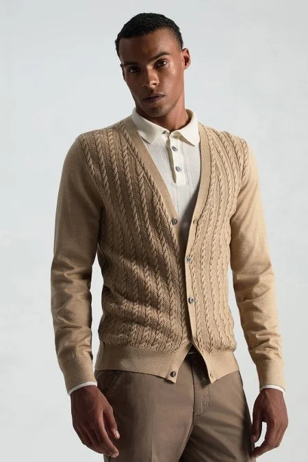 Merino Yün İpek Karışım Örgü Desenli Camel Düğmeli Hırka