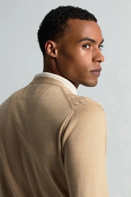 Merino Yün İpek Karışım Örgü Desenli Camel Hırka