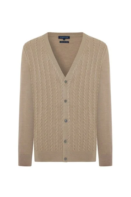 Merino Yün İpek Karışım Örgü Desenli Camel Hırka