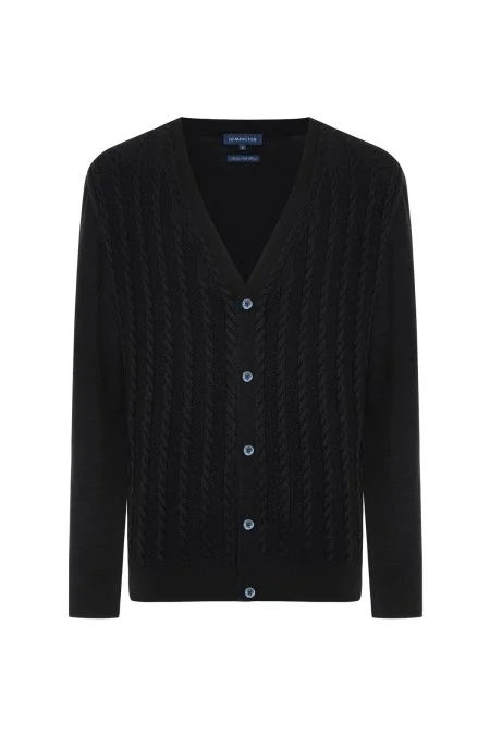 Merino Yün İpek Karışım Örgü Desenli Siyah Hırka