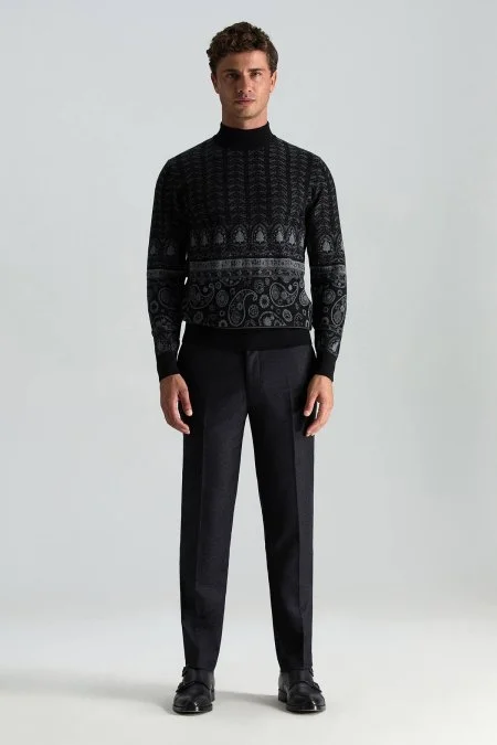 Merino Yün İpek Karışım Paisley Desen Lupetto Yaka Siyah Triko Kazak