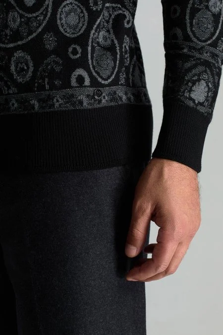 Merino Yün İpek Karışım Paisley Desen Lupetto Yaka Siyah Triko Kazak