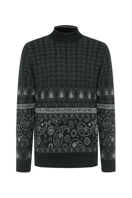 Merino Yün İpek Karışım Paisley Desen Lupetto Yaka Siyah Triko Kazak