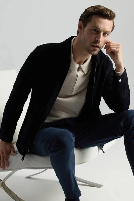 Merino Yün İpek Karışım Polo Yaka Yarım Fermuarlı Açık Bej Triko