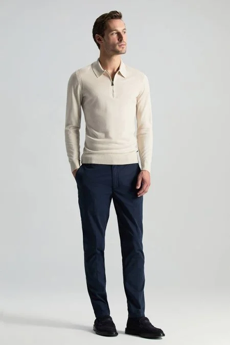 Merino Yün İpek Karışım Polo Yaka Yarım Fermuarlı Açık Bej Triko