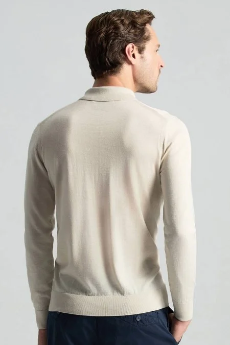 Merino Yün İpek Karışım Polo Yaka Yarım Fermuarlı Açık Bej Triko