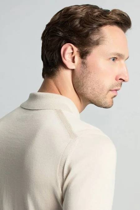 Merino Yün İpek Karışım Polo Yaka Yarım Fermuarlı Açık Bej Triko