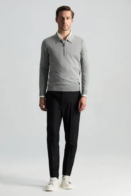 Merino Yün İpek Karışım Polo Yaka Yarım Fermuarlı Açık Gri Triko