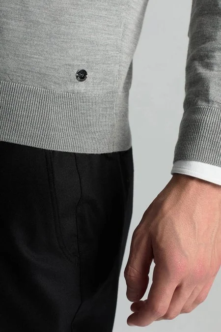 Merino Yün İpek Karışım Polo Yaka Yarım Fermuarlı Açık Gri Triko