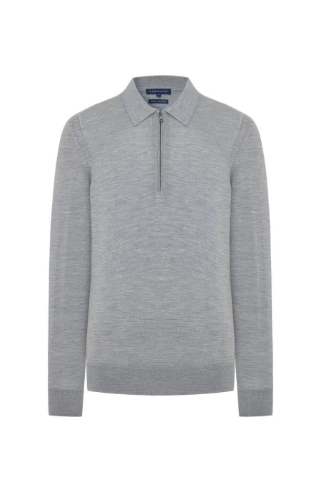 Merino Yün İpek Karışım Polo Yaka Yarım Fermuarlı Açık Gri Triko