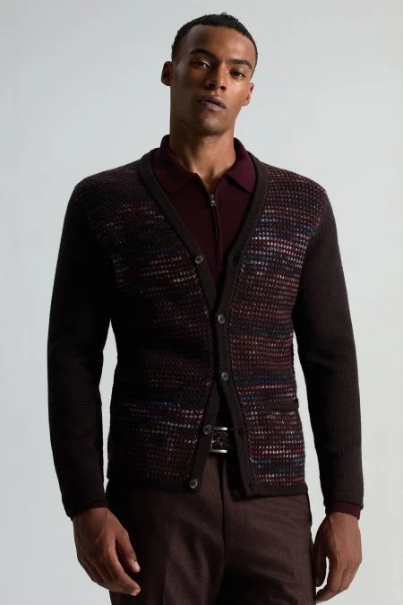 Merino Yün İpek Karışım Polo Yaka Yarım Fermuarlı Bordo Triko