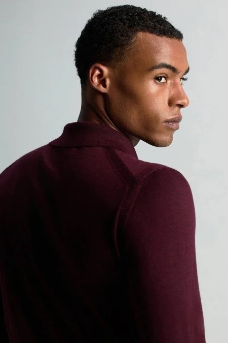 Merino Yün İpek Karışım Polo Yaka Yarım Fermuarlı Bordo Triko