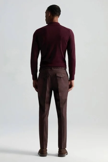 Merino Yün İpek Karışım Polo Yaka Yarım Fermuarlı Bordo Triko