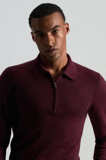 Merino Yün İpek Karışım Polo Yaka Yarım Fermuarlı Bordo Triko Merino Yün İpek Karışım Polo Yaka Yarım Fermuarlı Bordo Triko