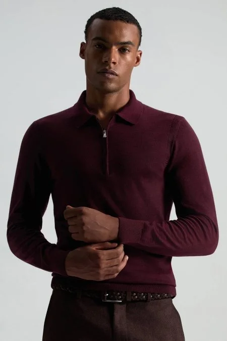 Merino Yün İpek Karışım Polo Yaka Yarım Fermuarlı Bordo Triko