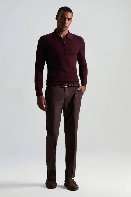 Merino Yün İpek Karışım Polo Yaka Yarım Fermuarlı Bordo Triko