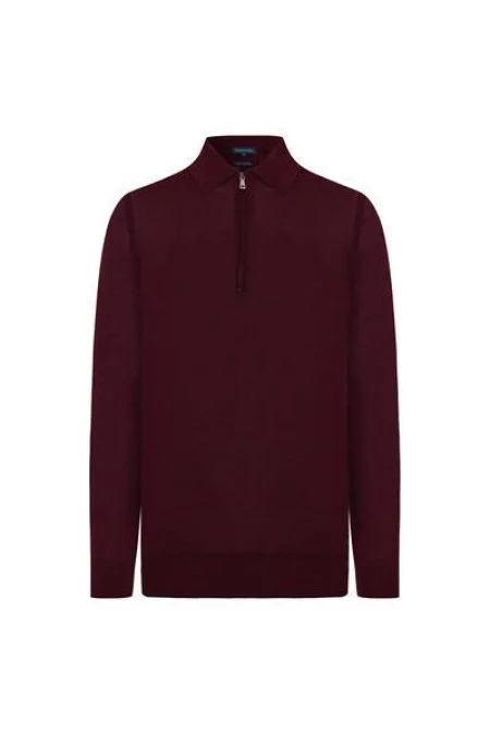Merino Yün İpek Karışım Polo Yaka Yarım Fermuarlı Bordo Triko