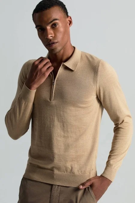 Merino Yün İpek Karışım Polo Yaka Yarım Fermuarlı Camel Triko