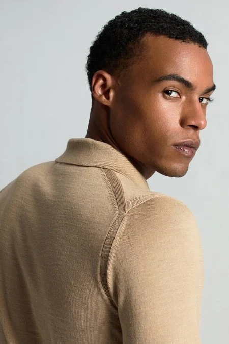 Merino Yün İpek Karışım Polo Yaka Yarım Fermuarlı Camel Triko