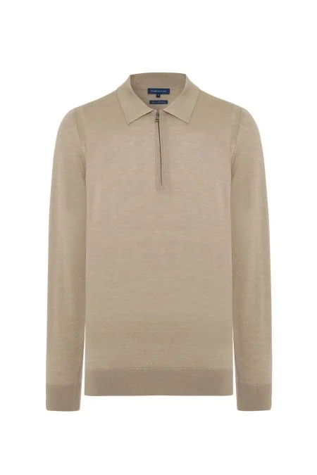 Merino Yün İpek Karışım Polo Yaka Yarım Fermuarlı Camel Triko
