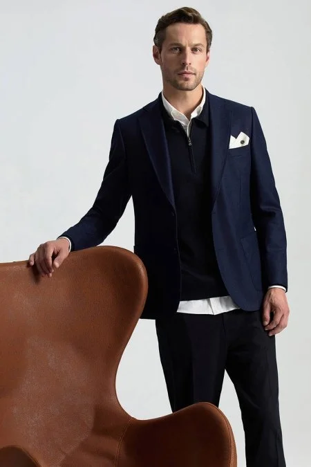 Merino Yün İpek Karışım Polo Yaka Yarım Fermuarlı Lacivert Triko