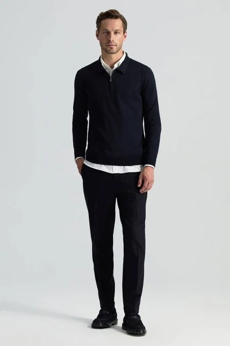 Merino Yün İpek Karışım Polo Yaka Yarım Fermuarlı Lacivert Triko
