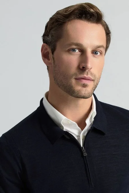 Merino Yün İpek Karışım Polo Yaka Yarım Fermuarlı Lacivert Triko