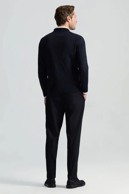 Merino Yün İpek Karışım Polo Yaka Yarım Fermuarlı Lacivert Triko