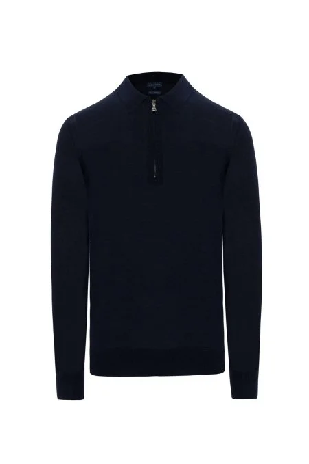 Merino Yün İpek Karışım Polo Yaka Yarım Fermuarlı Lacivert Triko