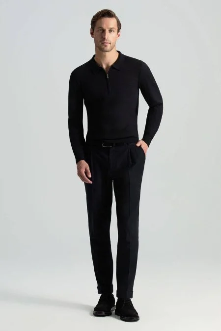 Merino Yün İpek Karışım Polo Yaka Yarım Fermuarlı Siyah Triko
