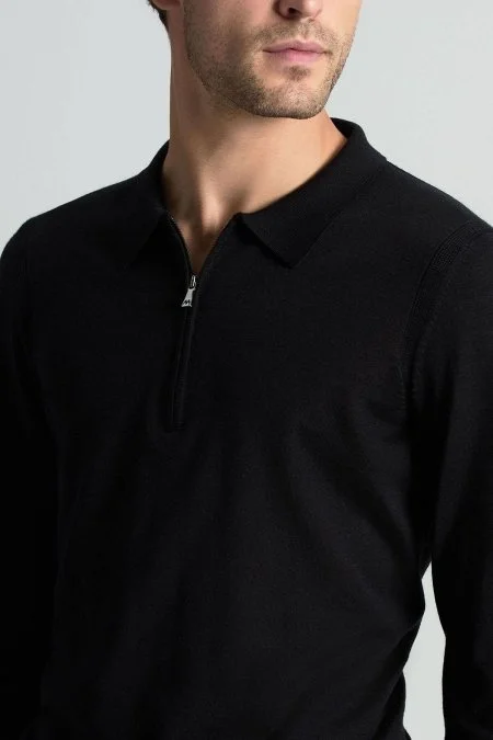 Merino Yün İpek Karışım Polo Yaka Yarım Fermuarlı Siyah Triko