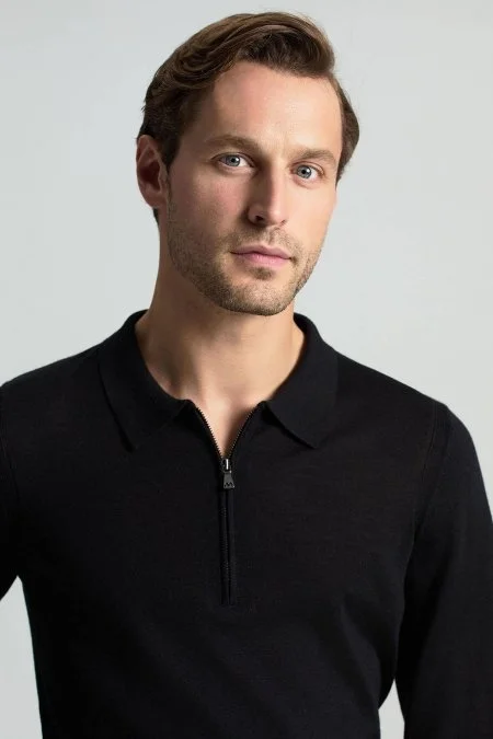 Merino Yün İpek Karışım Polo Yaka Yarım Fermuarlı Siyah Triko