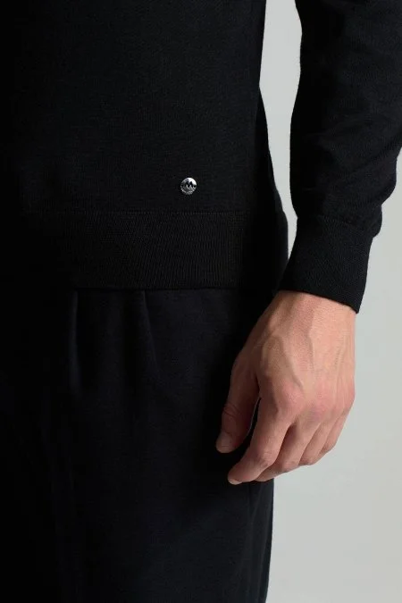 Merino Yün İpek Karışım Polo Yaka Yarım Fermuarlı Siyah Triko