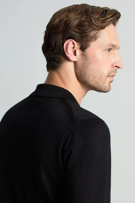 Merino Yün İpek Karışım Polo Yaka Yarım Fermuarlı Siyah Triko