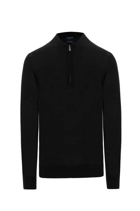 Merino Yün İpek Karışım Polo Yaka Yarım Fermuarlı Siyah Triko