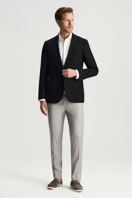 Merino Yün-İpek-Keten Karışım Siyah Blazer Ceket