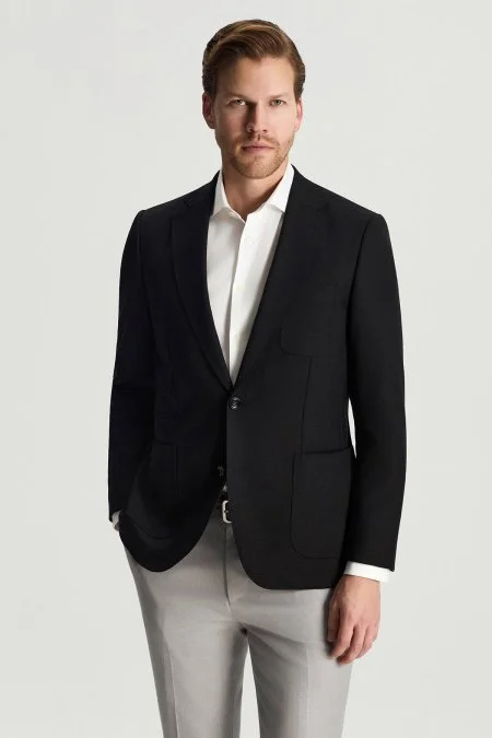 Merino Yün-İpek-Keten Karışım Siyah Blazer Ceket
