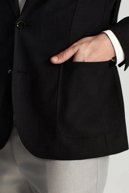 Merino Yün-İpek-Keten Karışım Siyah Blazer Ceket