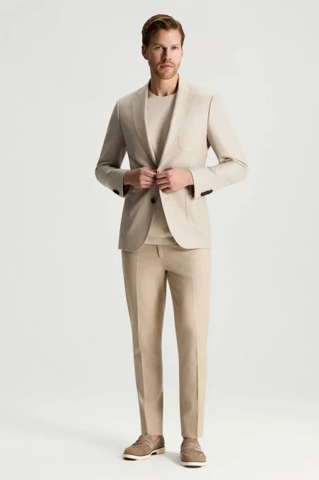 Merino Yün-İpek-Keten Karışım Taş Rengi Blazer Ceket