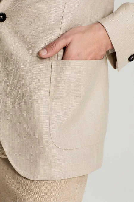 Merino Yün-İpek-Keten Karışım Taş Rengi Blazer Ceket