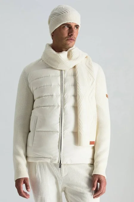 Merino Yün Kaşmir Karışım Desenli Beyaz Atkı