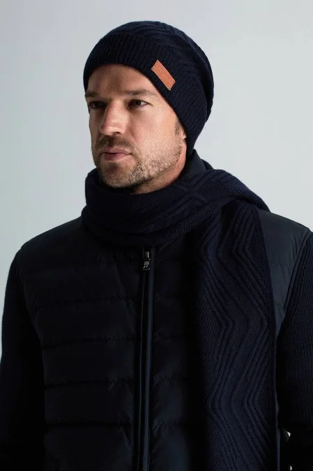 Merino Yün Kaşmir Karışım Desenli Lacivert Bere