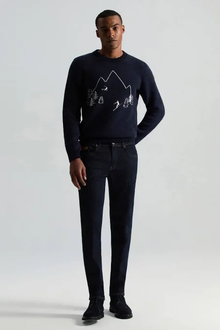 Merino Yün Kaşmir Karışım Kayak Desenli Lacivert Kazak