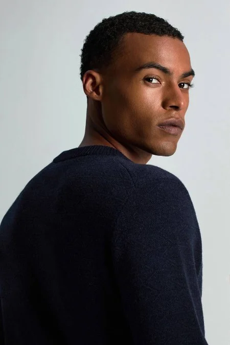 Merino Yün Kaşmir Karışım Kayak Desenli Lacivert Kazak