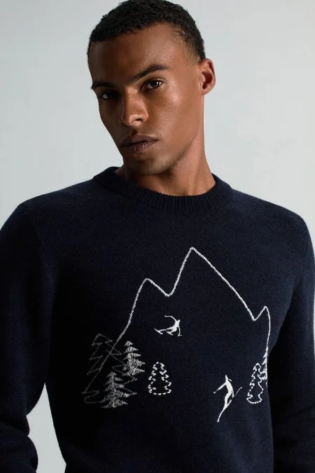 Merino Yün Kaşmir Karışım Kayak Desenli Lacivert Kazak