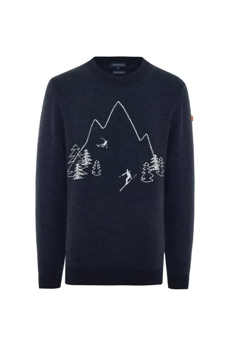 Merino Yün Kaşmir Karışım Kayak Desenli Lacivert Kazak