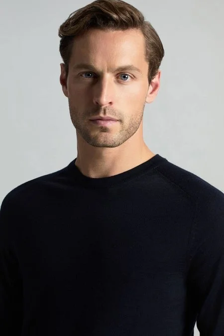 Merino Yün Lacivert Bisiklet Yaka Triko