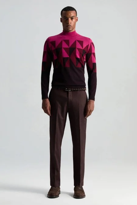 Merino Yün Lupetto Yaka Desenli Fuşya Triko