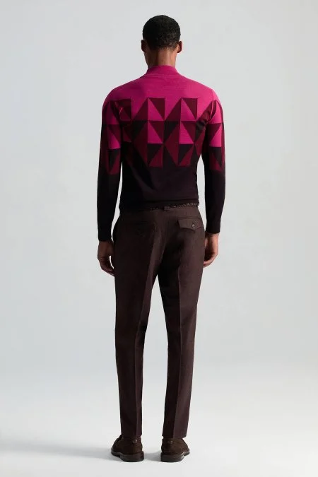 Merino Yün Lupetto Yaka Desenli Fuşya Triko