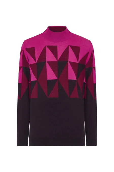 Merino Yün Lupetto Yaka Desenli Fuşya Triko